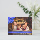 リボン付きブルーボウMerry Christmas写真 シーズンポストカード (スタンド正面)
