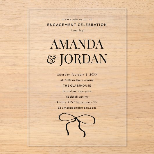 リボン付きミニマリスト白黒婚約 アクリル招待状 (正面)