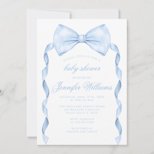 リボン付き可愛いブルーボウタイ男の赤ちゃんシャワー 招待状 (正面)