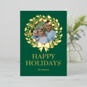 リボン付き花輪 フォト リアル ゴールド ホリデー カード (立ち正面)