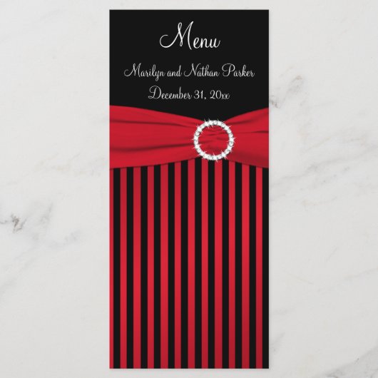 リボン付き赤ストライプのと黒のメニュフェイクー・カード メニュー (正面)