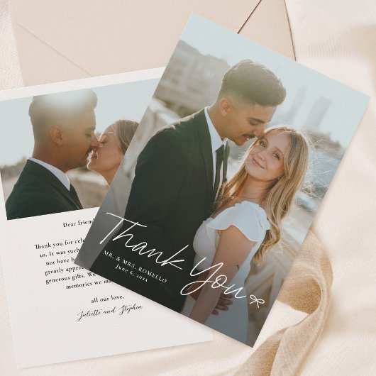 リボン写真付きのシンプルなスクリプト結婚式 サンキューカード