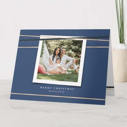 リボン包まれた額折り畳み写真ホリデーカード カード (正面)