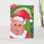 リボン及びオーナメントのクリスマスのサンタのブタ シーズンカード (裏面)