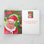 リボン及びオーナメントのクリスマスのサンタのブタ シーズンカード (内部)