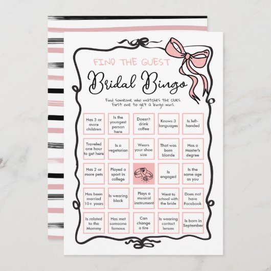 リボン弓ブライダルシャワーゲストビンゴの検索 招待状 (正面/裏面)