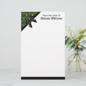 リボン弓ブラックとグリーンダマスク 便箋 (スタンド正面)