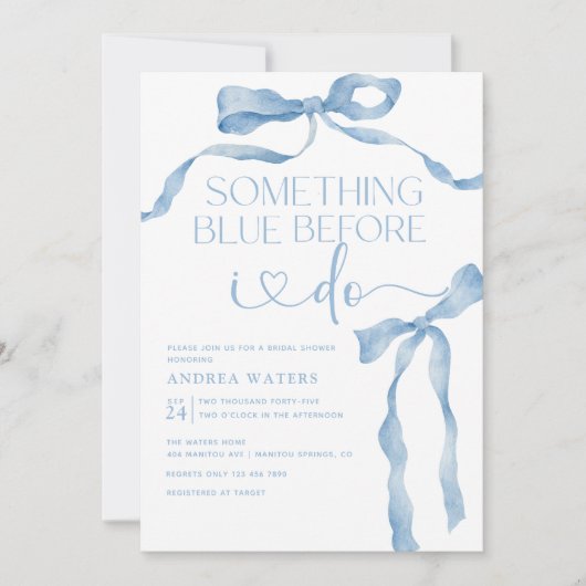 リボン弓 | 青と白のブライダルシャワー 招待状 (正面)