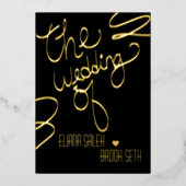  リボン手書きレタリング結婚の押し込み    箔招待状 (正面)