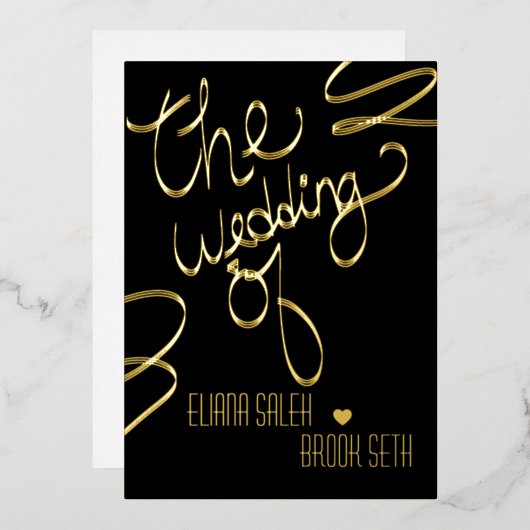  リボン手書きレタリング結婚の押し込み    箔招待状 (正面/裏面)