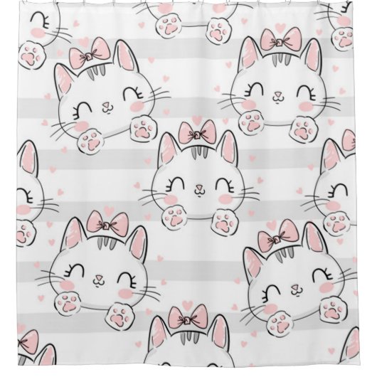 リボン模様の猫 シャワーカーテン (正面)