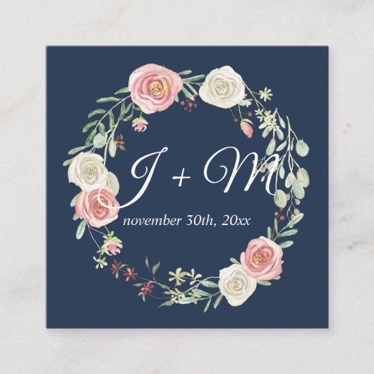 リボン海軍赤面の花柄を積み重ねる結婚式の続き スクエア名刺 (正面)