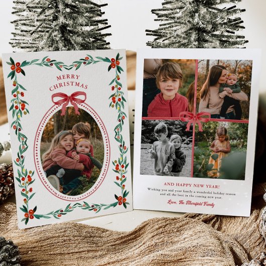 リボン緑の写真クリスマスカード シーズンカード