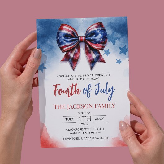 リボン飾りの4th of July 愛国パーティー 招待状