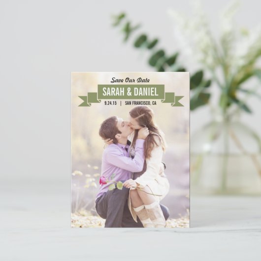 リボン魅力的日付の保存 – 緑 案内ポストカード (スタンド正面)