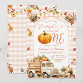 リボン トラック パンプキン 1歳 誕生日 秋 オータム フラワーリング 招待状 (正面/裏面)