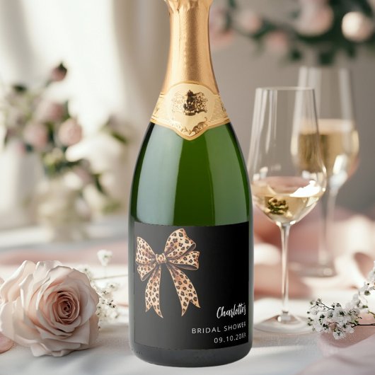 リボン ヒョウ柄 ブラック ブライダルシャワー スパークリングワインラベル
