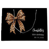 リボン ヒョウ柄 ブラック 誕生日 ラージペーパーバッグ (正面)