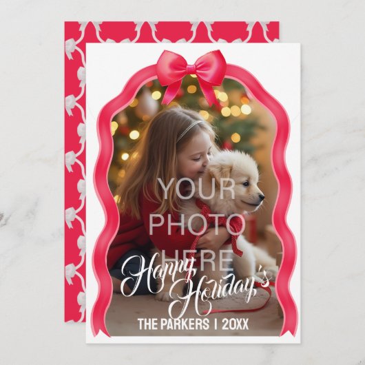 リボン フラット ホリデー カード - 赤 (正面/裏面)