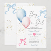 リボン ボウ ピンク & ブルー 性別発表 風船 招待状 (正面/裏面)