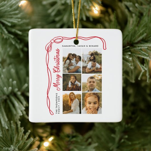 リボン メリークリスマス 家族 7枚の写真 セラミックオーナメント (ツリー)
