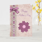 リボン、レース、ハート及び花の薄紫の母の日 カード (黄色い花)