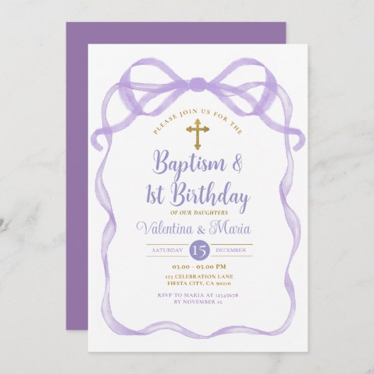 リボン 洗礼 & 1歳誕生日 パープル 招待状 (正面/裏面)
