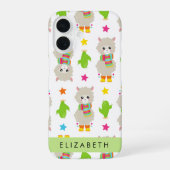 リマ・アルパカ・サボテンのパターンとお名前 iPhone 16ケース (裏面)