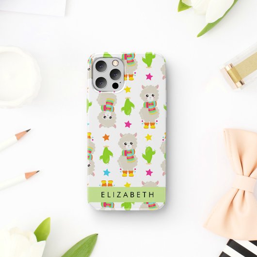 リマ・アルパカ・サボテンのパターンとお名前 iPhone 16ケース