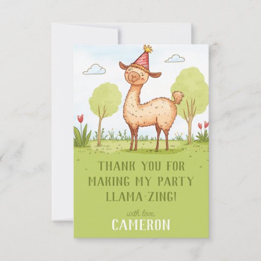 リャマと一緒に屋外で子供の誕生日パーティーを祝おう サンキューカード (正面)