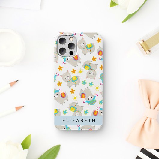 リャマ・アルパカ・花・お名前入りパターン iPhone 16ケース
