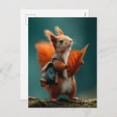 リュックお洒落と秋の葉を持つリス シーズンポストカード (正面/裏面)