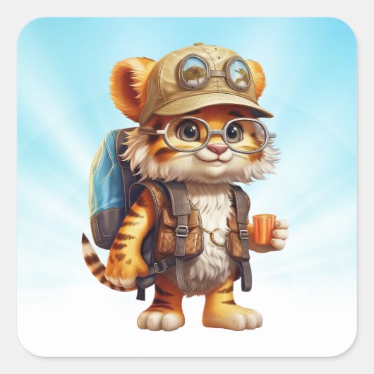 リュックとコーヒーを持つ陽気な虎の子 スクエアシール (正面)