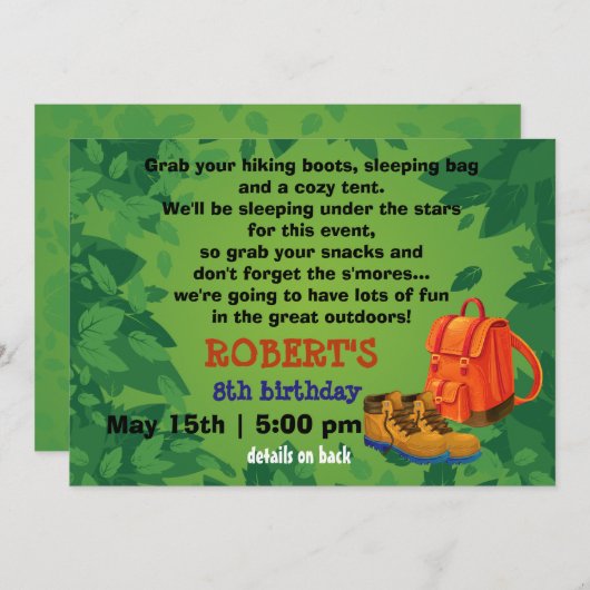 リュックとブーツのキャンピングパーティー誕生日招待状 招待状 (正面/裏面)