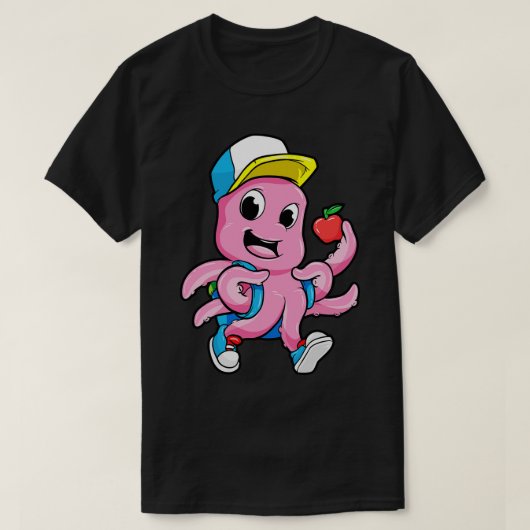 リュックとリンゴを持つ学生としてのタコ Tシャツ (デザイン正面)