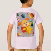 リュックを背負ったかわいいキャラクターの子犬の浮遊 Tシャツ (裏面)