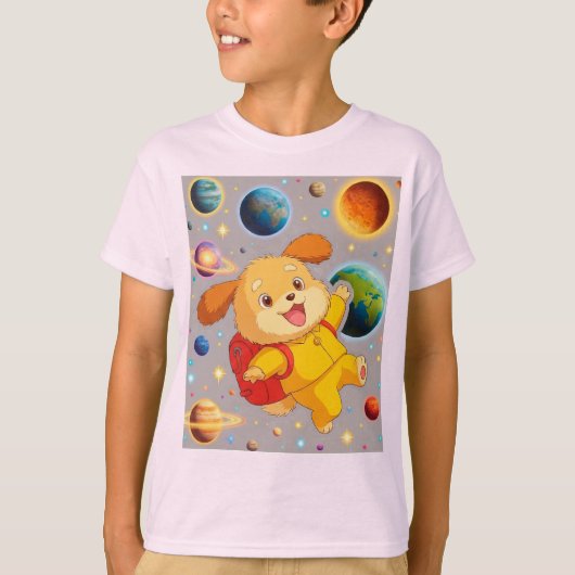 リュックを背負ったかわいいキャラクターの子犬の浮遊 Tシャツ (正面)