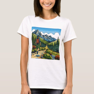 リュックを背負って自然のトレイルをハイキングする女の子 Tシャツ