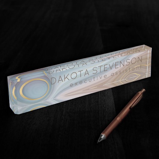 リュックスストラタ |ほこりっぽい石板ブルーチューペピンクアゲート デスクネームプレート