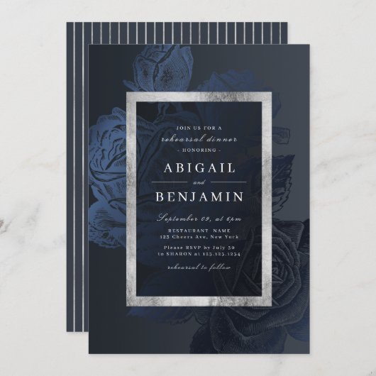 リュックスバラネイビーヴィンテージ植物性リハーサル夕食 招待状 (正面/裏面)