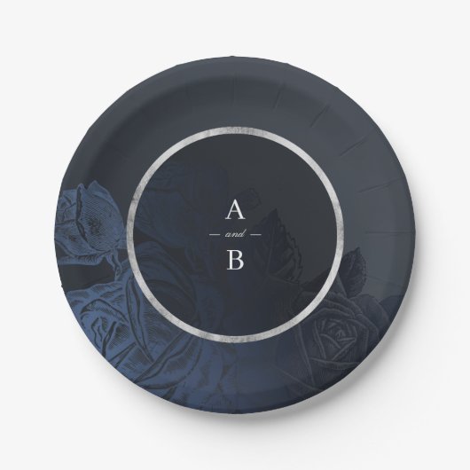 リュックスバラネイビー銀ヴィンテージボタニッ結婚クス ペーパープレート (正面)