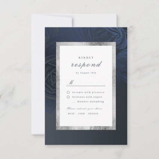 リュックスバラネイビー銀ヴィンテージボタニッ結婚クス 出欠カード (正面)