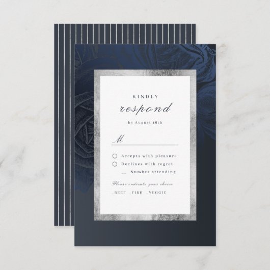 リュックスバラネイビー銀ヴィンテージボタニッ結婚クス 出欠カード (正面/裏面)