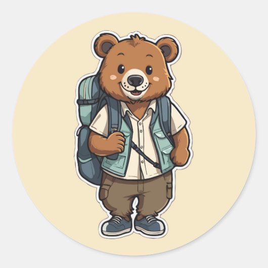 リュック付き陽気な漫画のクマ ラウンドシール (正面)