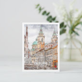 リュブリャナスロベニア有名な旅行水の色のスケッチ ポストカード (スタンド正面)