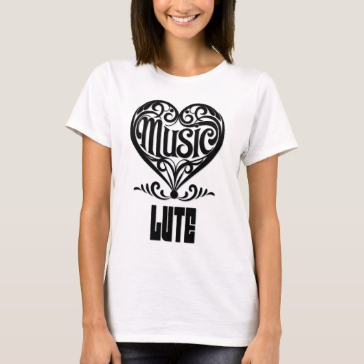 リュート愛好家のための優雅なスクロールハート Tシャツ (正面)