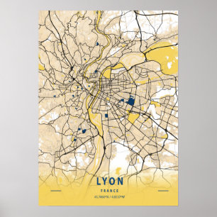 リヨン – フランス黄色の都市地図 ポスター