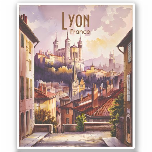 リヨン フランス トラベル ビンテージ 水彩 市街風景 シール (正面)