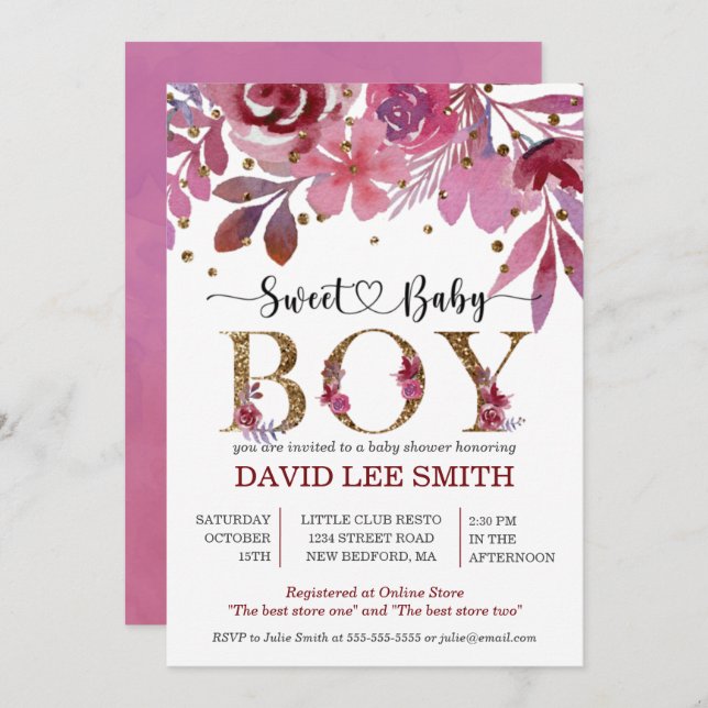 リラと金ゴールド紙吹雪ボーイベビーシャワー招待状 (正面/裏面)