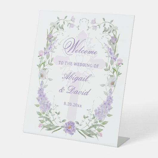 リラの花のフレーム付き宗教的な結婚式ウェルカムボード 台座サイン (正面)